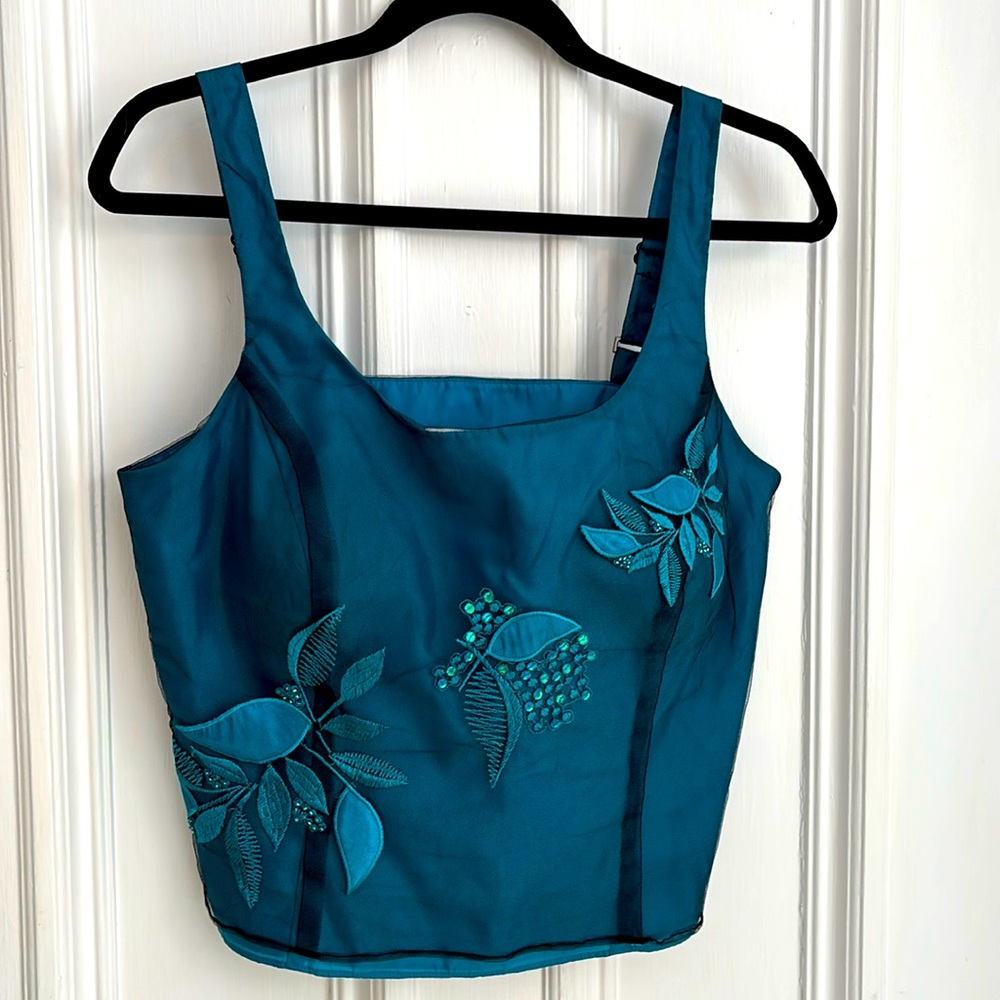 Roman Originals Embroidered Teal Satin Formal Strappy Top. Adjustable Straps